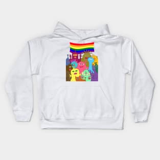 Halloween gay pride celebration. Group of cute alien monsters with lgbtq rainbow flag. Kids Hoodie